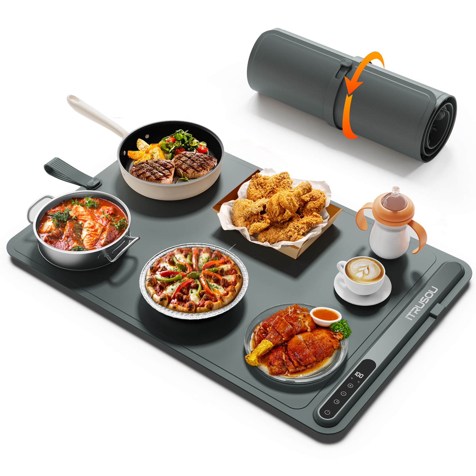 Warming Mat for Food (24"x16") - iTRUSOU 7-Level Electric Warming Tray with 400W High-Power, Timer 0–99H & Built-In Strap - Rollable Large Food Warming Mat for Parties & Buffet