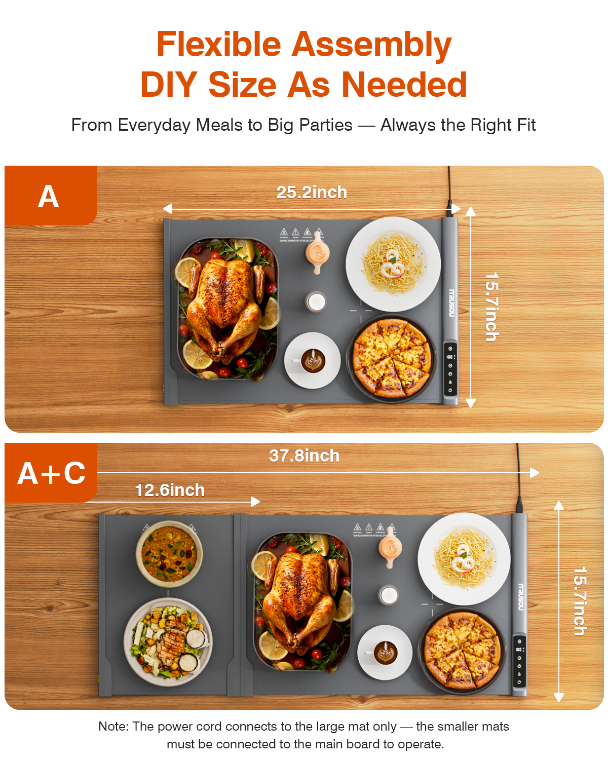 Expandable Warming Mat for Food – iTRUSOU 38"x16" Silicone Warming Tray with 7 Temp Settings, Switchable℃/℉, 99H Timer, Child Lock – 2 Panels Custom Sizes for Energy Efficiency