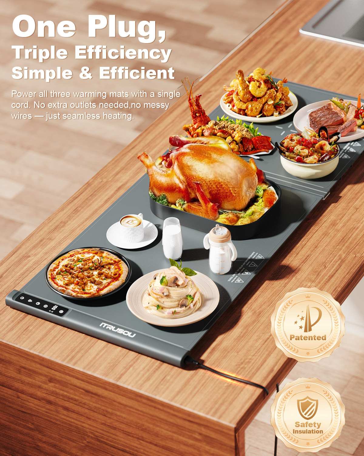 Expandable Warming Mat for Food – iTRUSOU 42"x16" Extra Large Electric Warming Tray with 7 Temp Settings, Switchable ℃/℉, 99H Timer, Child Lock – 2 Panels Custom Sizes for Energy Efficiency