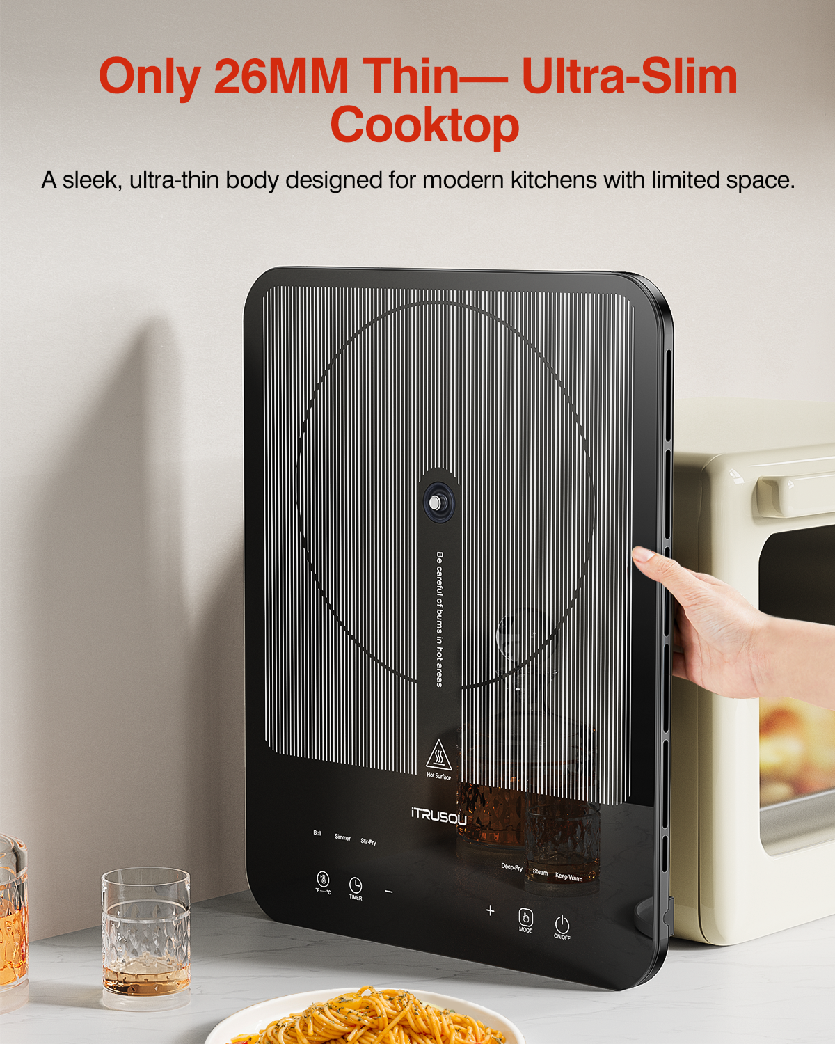 Portable Induction Cooktop, 1°C Precision Control, Dual Temp Display, 1L Boils in 4 Mins, Ultra-Slim 26mm Burner, 6 Cooking Modes, 3-Hour Timer, Glass Surface, for Magnetic Cookware Only