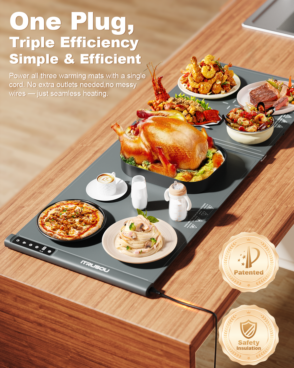 Expandable Warming Mat for Food – iTRUSOU 42"x16" Extra Large Electric Warming Tray with 7 Temp Settings, Switchable ℃/℉, 99H Timer, Child Lock – 2 Panels Custom Sizes for Energy Efficiency