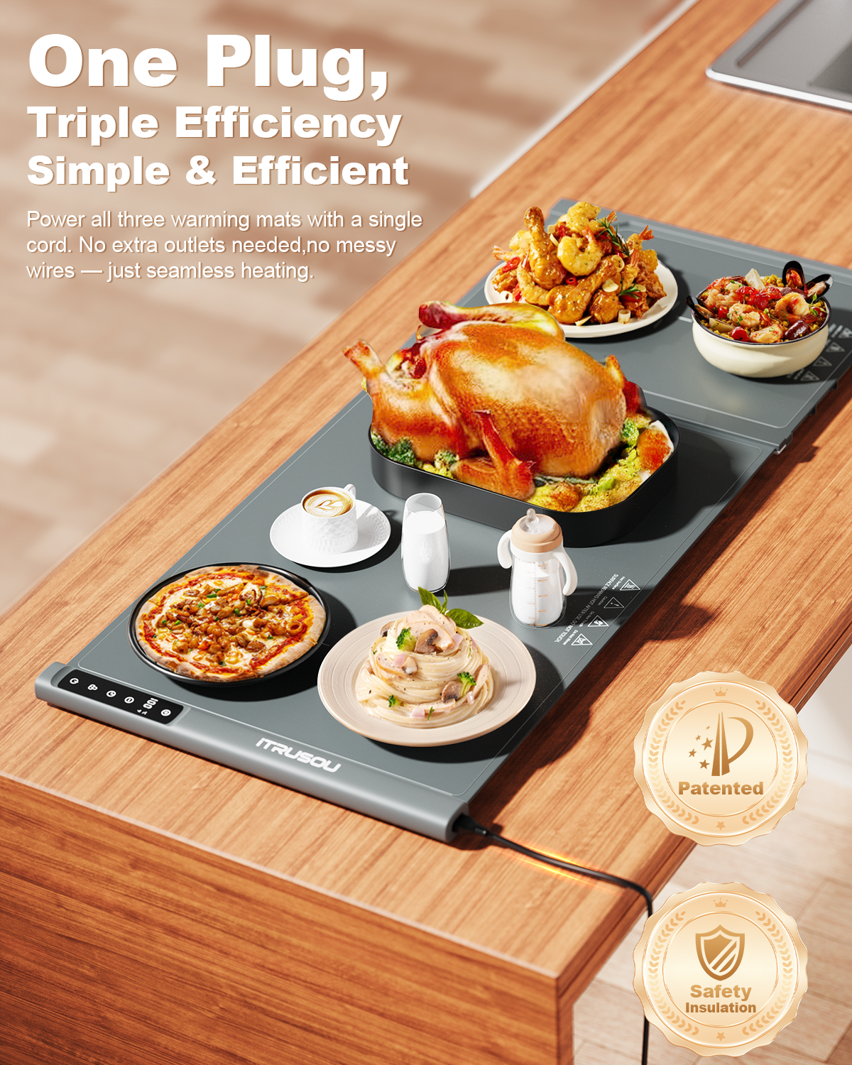 Expandable Warming Mat for Food – iTRUSOU 38"x16" Silicone Warming Tray with 7 Temp Settings, Switchable℃/℉, 99H Timer, Child Lock – 2 Panels Custom Sizes for Energy Efficiency