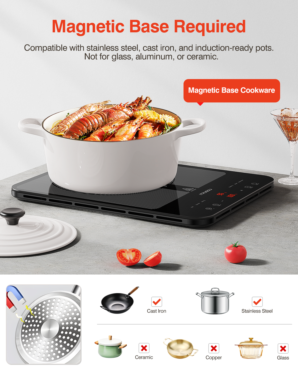 Portable Induction Cooktop, 1°C Precision Control, Dual Temp Display, 1L Boils in 4 Mins, Ultra-Slim 26mm Burner, 6 Cooking Modes, 3-Hour Timer, Glass Surface, for Magnetic Cookware Only