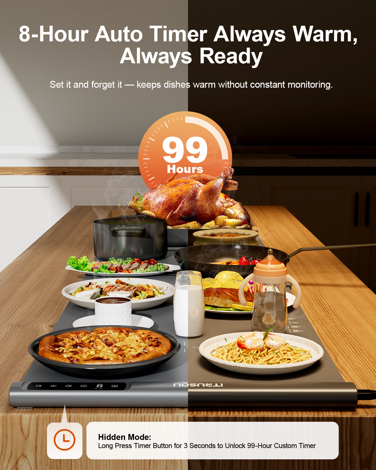 Expandable Warming Mat for Food – iTRUSOU 42"x16" Extra Large Electric Warming Tray with 7 Temp Settings, Switchable ℃/℉, 99H Timer, Child Lock – 2 Panels Custom Sizes for Energy Efficiency