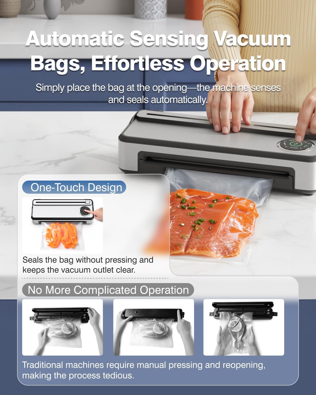 Vacuum Sealer Machine with Smart Touchscreen Control, 95kPa Dual-Pump Suction, Timeless Design for Hands, Free Sealing, 24H Non-Stop Breaks, widened 30CM Sealing Bar, External Bag Cutter, 2 Bags Rolls