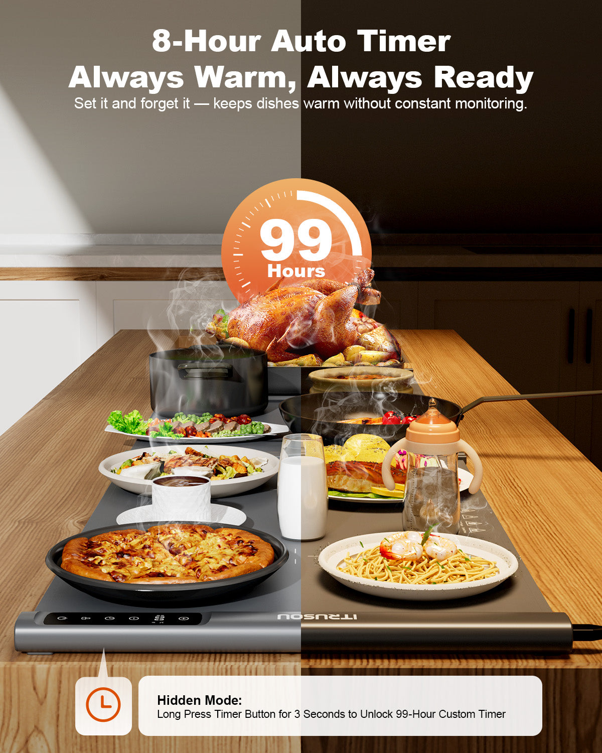 Expandable Food Warming Mat – iTRUSOU 54"x16" Warming Mat for Food with 7 Temp Settings, Switchable℃/℉, 99H Timer, Child Lock, Custom Sizes Food Warmer Chafing Dishes for Buffet Parties