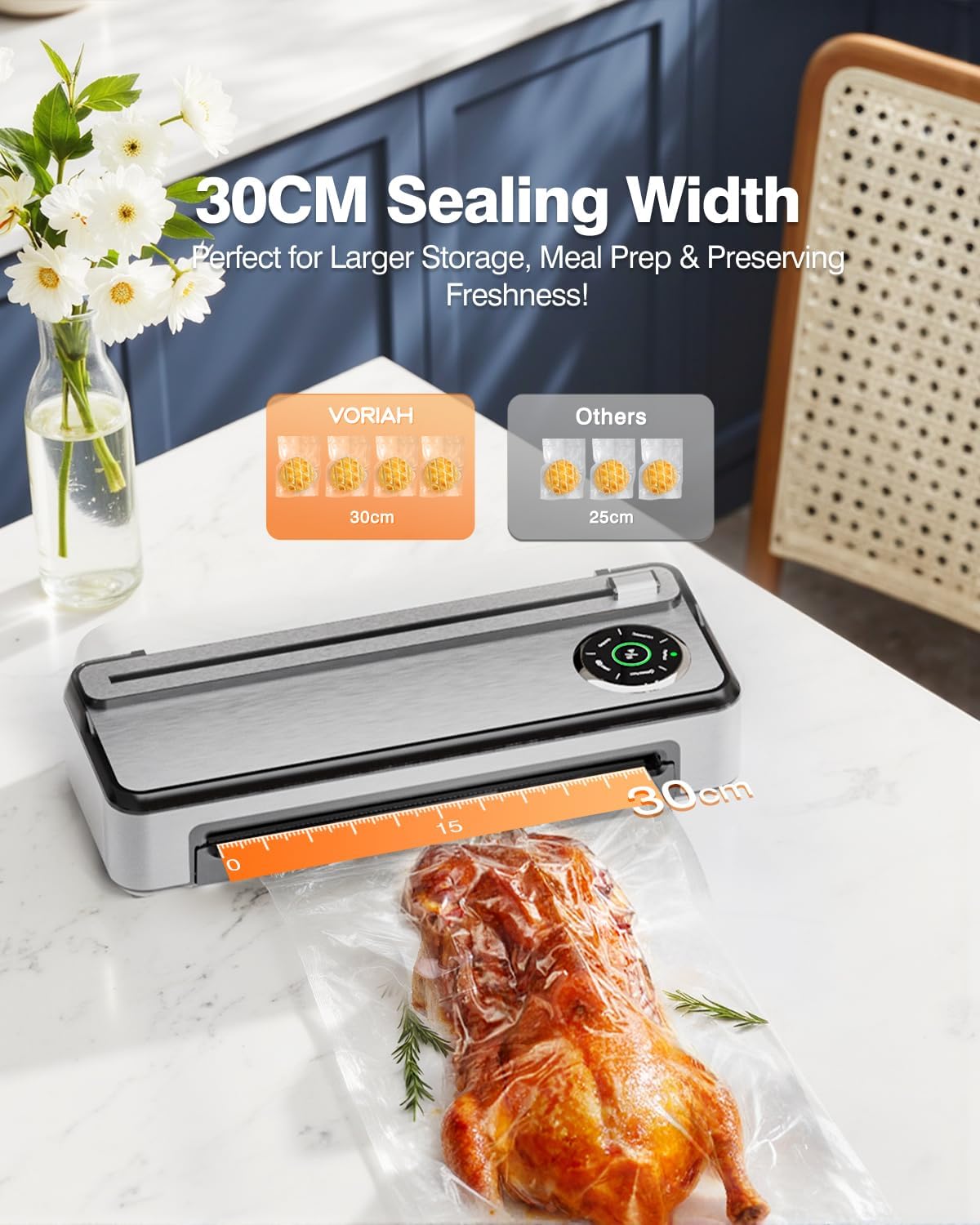 Vacuum Sealer Machine with Smart Touchscreen Control, 95kPa Dual-Pump Suction, Timeless Design for Hands, Free Sealing, 24H Non-Stop Breaks, widened 30CM Sealing Bar, External Bag Cutter, 2 Bags Rolls