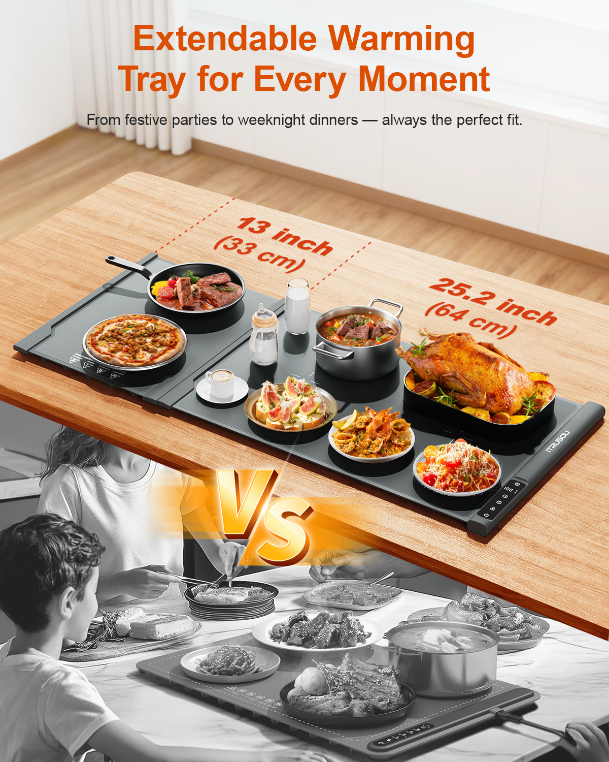 Expandable Warming Mat for Food – iTRUSOU 38"x16" Silicone Warming Tray with 7 Temp Settings, Switchable℃/℉, 99H Timer, Child Lock – 2 Panels Custom Sizes for Energy Efficiency