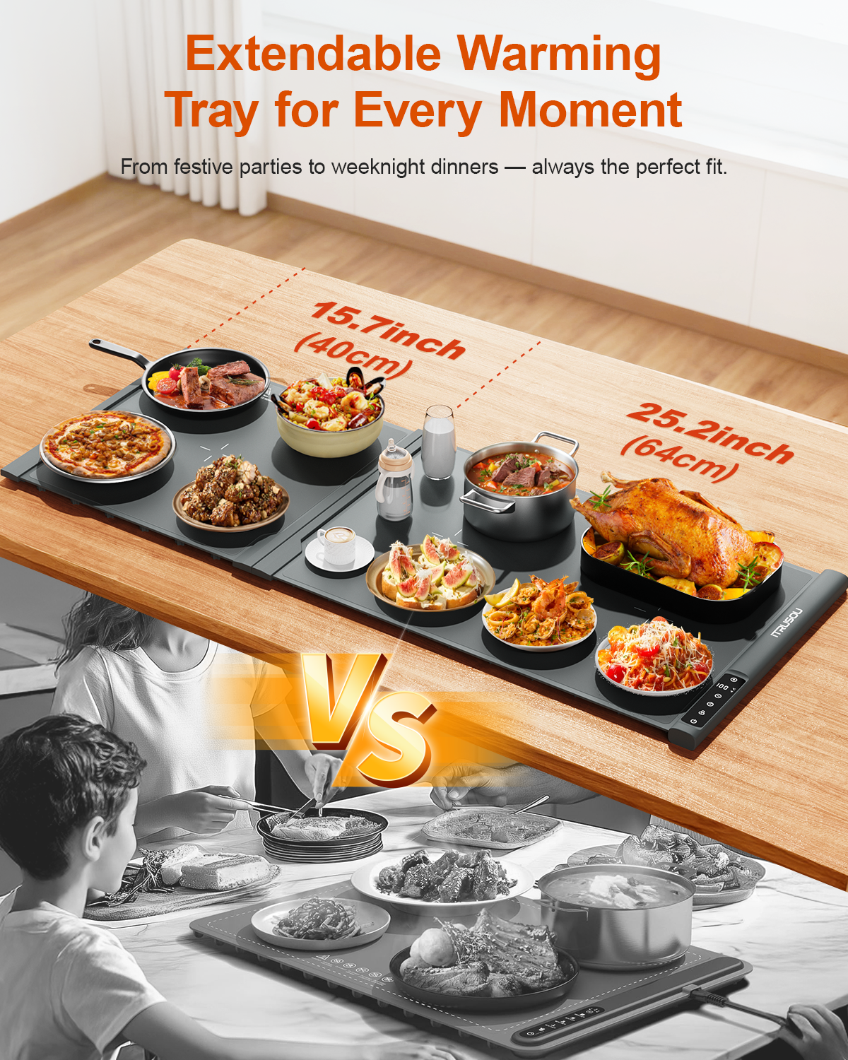 Expandable Warming Mat for Food – iTRUSOU 42"x16" Extra Large Electric Warming Tray with 7 Temp Settings, Switchable ℃/℉, 99H Timer, Child Lock – 2 Panels Custom Sizes for Energy Efficiency