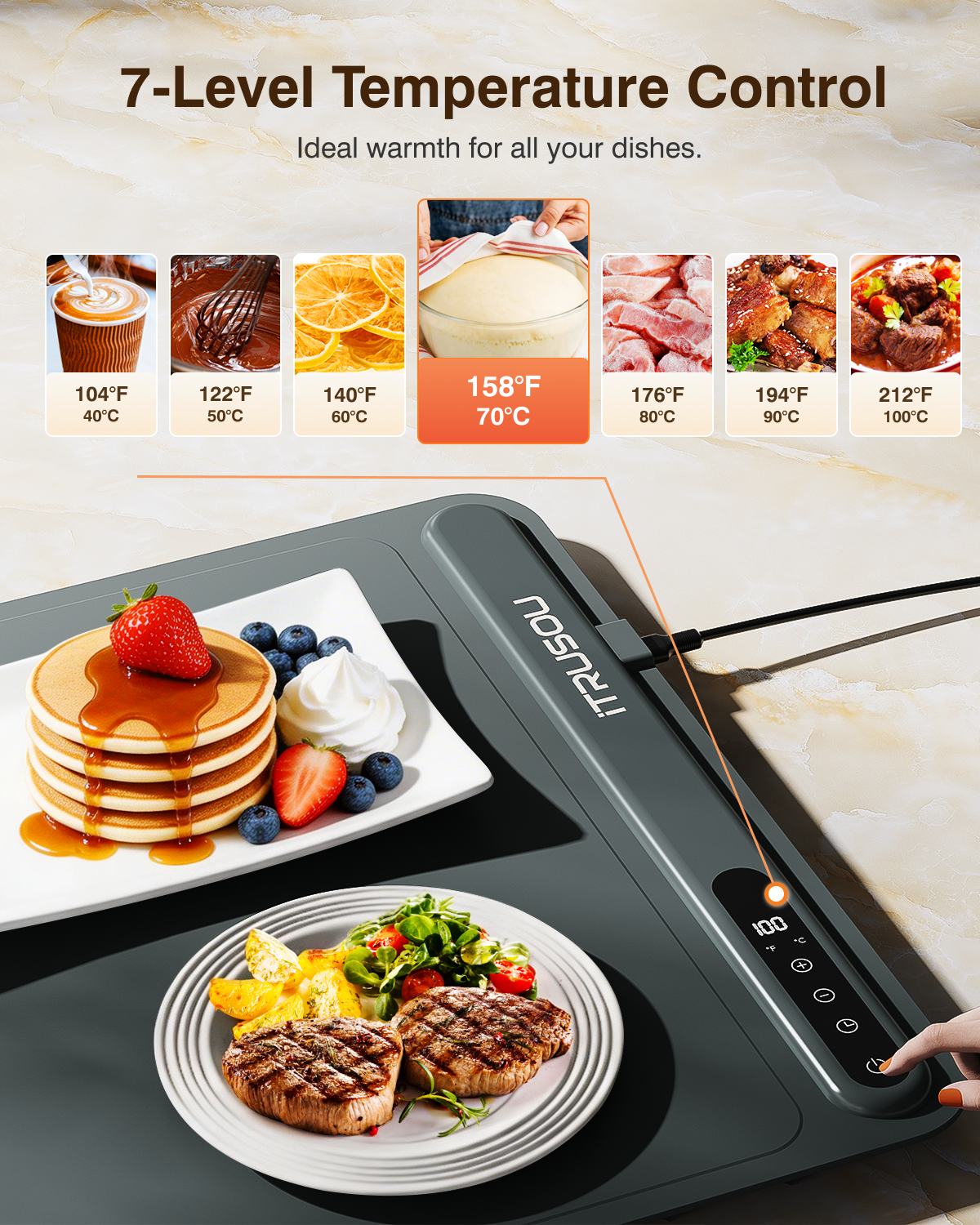 Warming Mat for Food (24"x16") - iTRUSOU 7-Level Electric Warming Tray with 400W High-Power, Timer 0–99H & Built-In Strap - Rollable Large Food Warming Mat for Parties & Buffet
