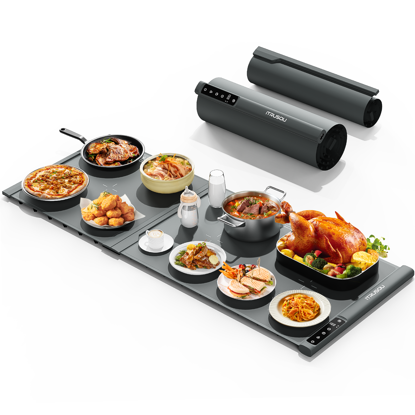 Expandable Warming Mat for Food – iTRUSOU 42"x16" Extra Large Electric Warming Tray with 7 Temp Settings, Switchable ℃/℉, 99H Timer, Child Lock – 2 Panels Custom Sizes for Energy Efficiency