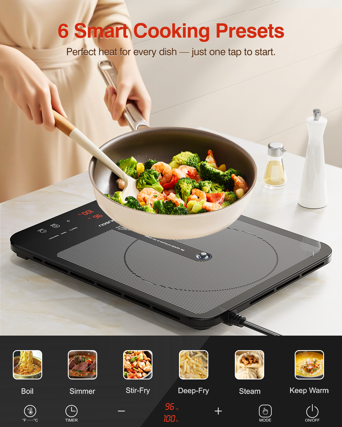 Portable Induction Cooktop, 1°C Precision Control, Dual Temp Display, 1L Boils in 4 Mins, Ultra-Slim 26mm Burner, 6 Cooking Modes, 3-Hour Timer, Glass Surface, for Magnetic Cookware Only