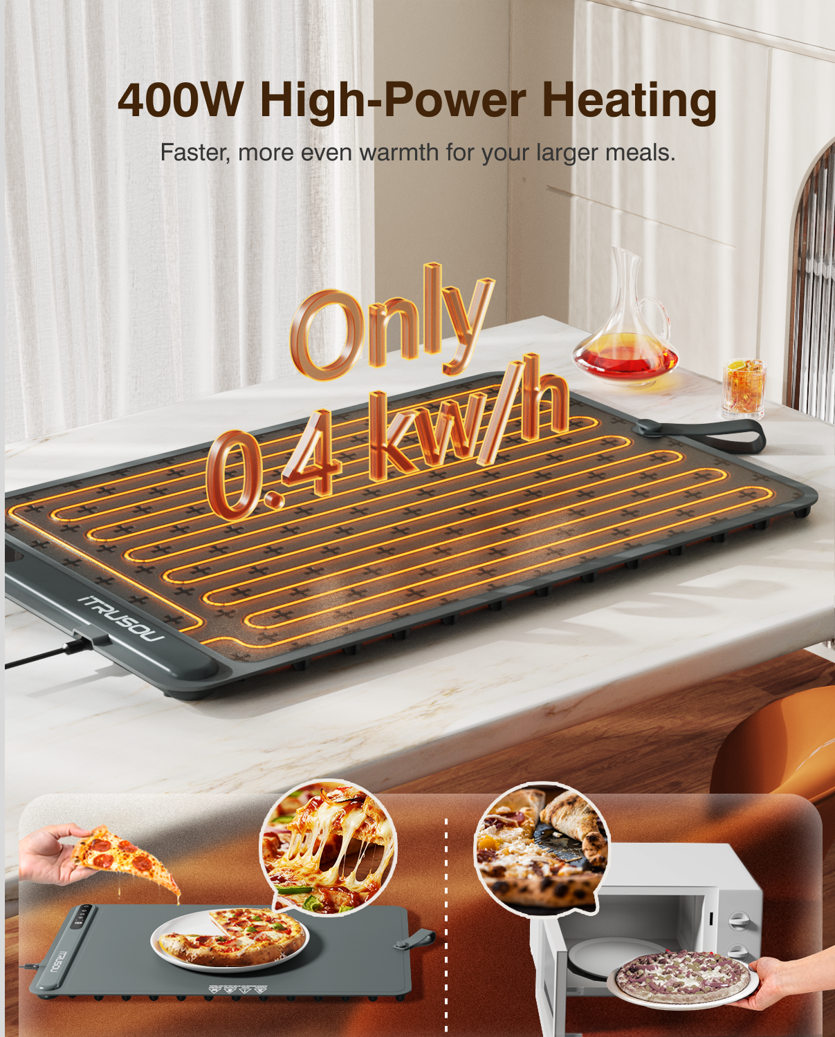 Warming Mat for Food (24"x16") - iTRUSOU 7-Level Electric Warming Tray with 400W High-Power, Timer 0–99H & Built-In Strap - Rollable Large Food Warming Mat for Parties & Buffet