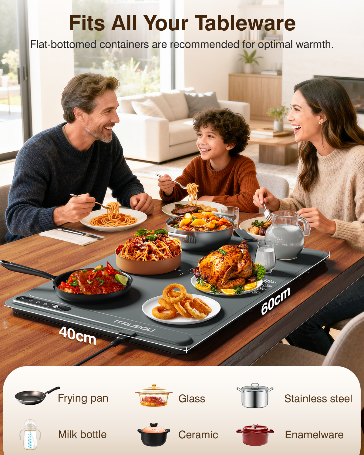 Warming Mat for Food (24"x16") - iTRUSOU 7-Level Electric Warming Tray with 400W High-Power, Timer 0–99H & Built-In Strap - Rollable Large Food Warming Mat for Parties & Buffet