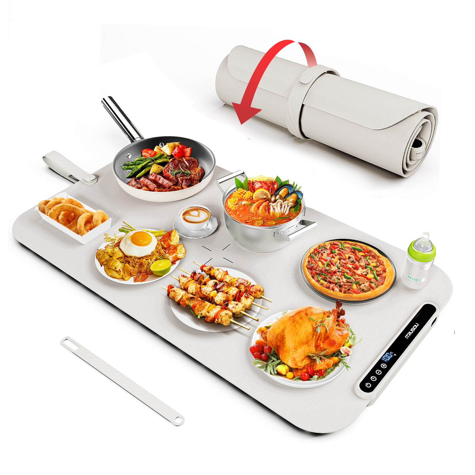 Electric Warming Tray, iTRUSOU Silicone Warming Mat for Food with 7 Temp-Settings, 1-8Hr Auto Shut-Off, Switchable Celsius/Fahrenheit, Upgrade Strap Keep Food Warm at Buffet, Party, Sabbath, Daily Use