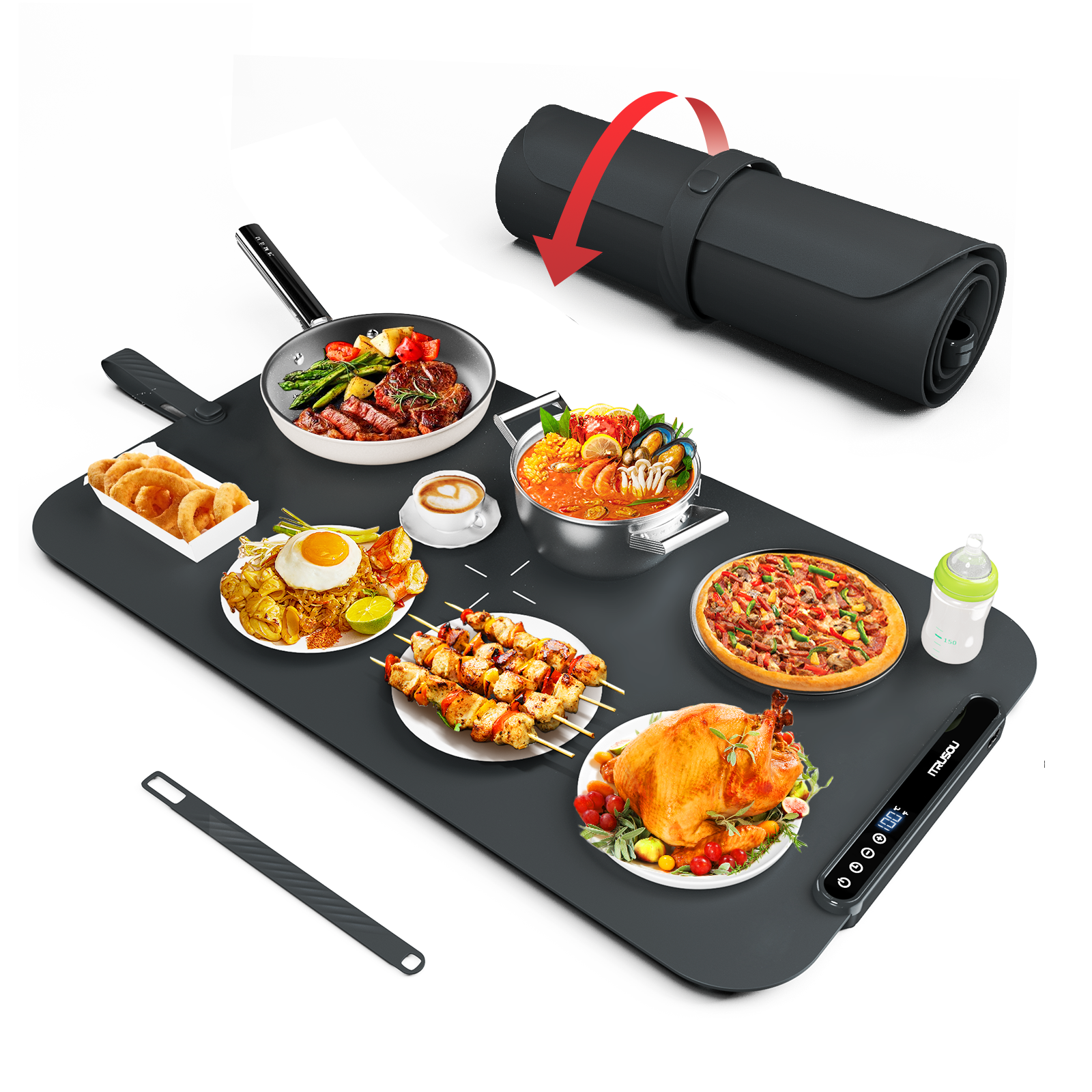 Electric Warming Tray, iTRUSOU Silicone Warming Mat for Food with 7 Temp-Settings, 1-8Hr Auto Shut-Off, Switchable Fahrenheit/Celsius, Upgrade Strap Keep Food Warm at Buffet, Party, Sabbath, Daily Use