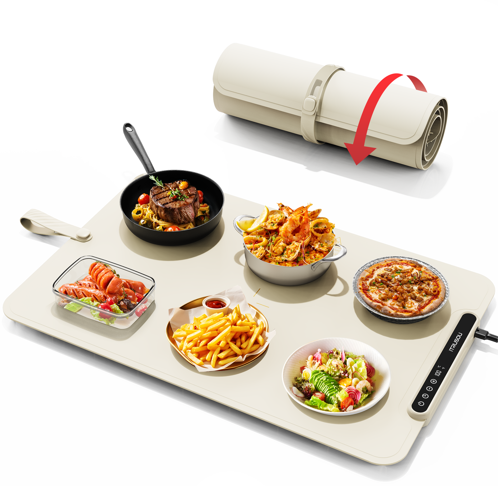 Warming Mat for Food, iTRUSOU Electric Warming Tray with 1–99H Timer, 7 Temp Settings, Patented Full-Surface Heating, °F/°C Switch, Flexible Roll-Up Food Warmers for Parties Buffet, Everyday Use-Beige