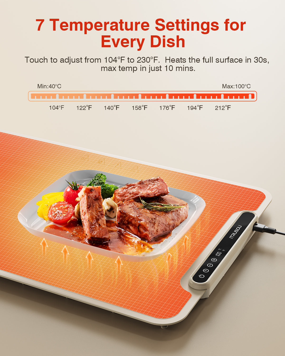Warming Mat for Food, iTRUSOU Electric Warming Tray with 1–99H Timer, 7 Temp Settings, Patented Full-Surface Heating, °F/°C Switch, Flexible Roll-Up Food Warmers for Parties Buffet, Everyday Use-Beige