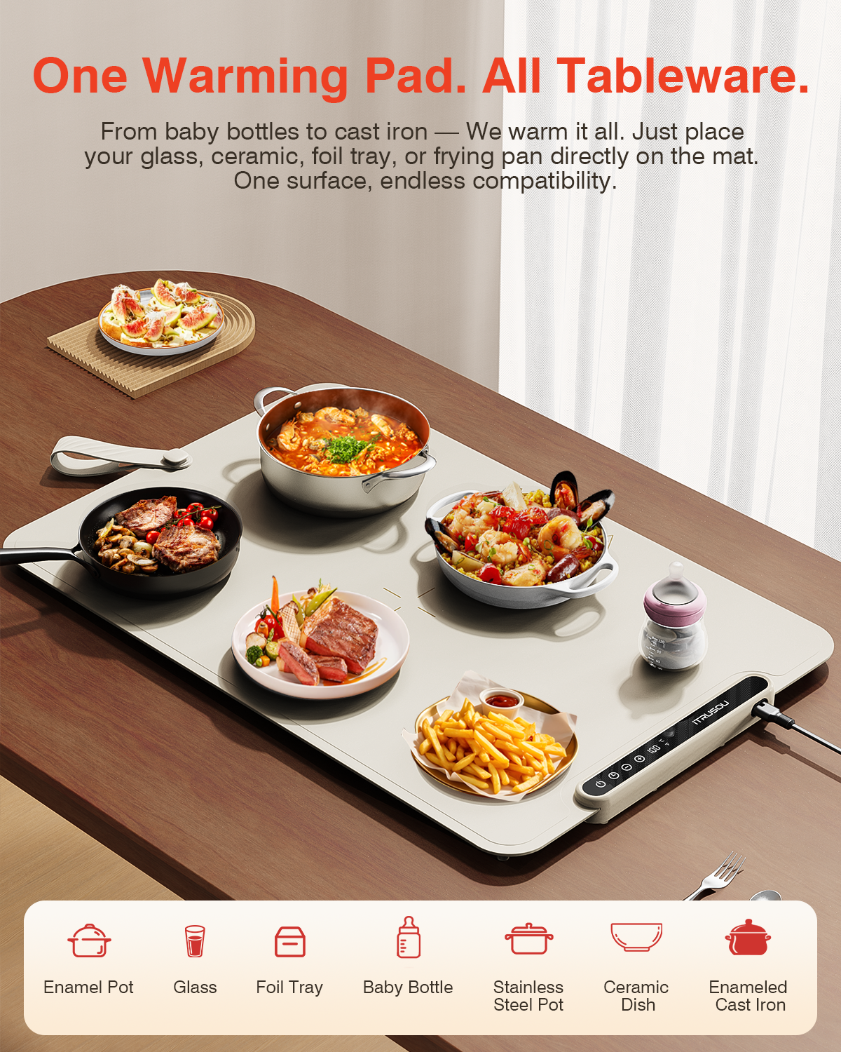 Warming Mat for Food, iTRUSOU Electric Warming Tray with 1–99H Timer, 7 Temp Settings, Patented Full-Surface Heating, °F/°C Switch, Flexible Roll-Up Food Warmers for Parties Buffet, Everyday Use-Beige