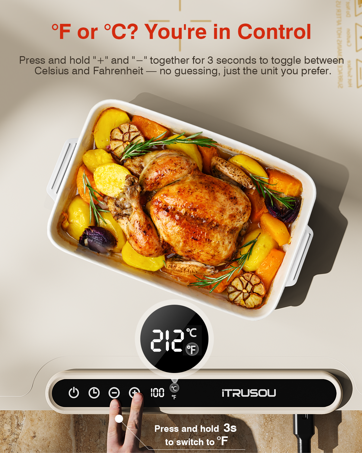 Warming Mat for Food, iTRUSOU Electric Warming Tray with 1–99H Timer, 7 Temp Settings, Patented Full-Surface Heating, °F/°C Switch, Flexible Roll-Up Food Warmers for Parties Buffet, Everyday Use-Beige