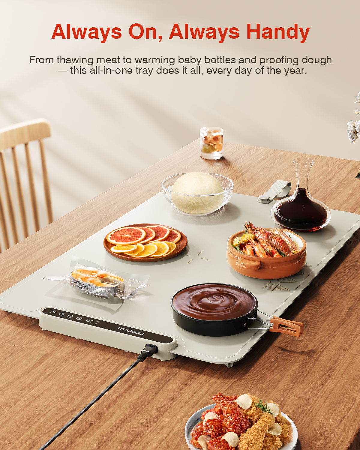 Warming Mat for Food, iTRUSOU Electric Warming Tray with 1–99H Timer, 7 Temp Settings, Patented Full-Surface Heating, °F/°C Switch, Flexible Roll-Up Food Warmers for Parties Buffet, Everyday Use-Beige