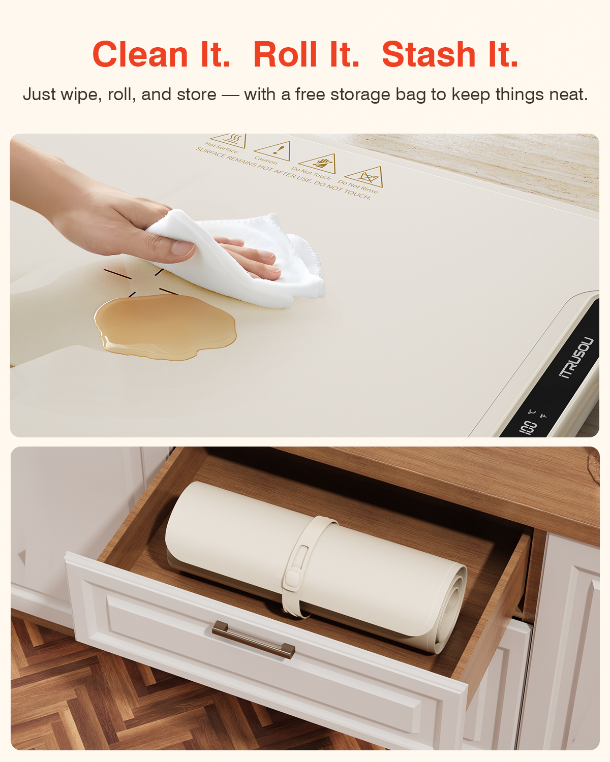 Warming Mat for Food, iTRUSOU Electric Warming Tray with 1–99H Timer, 7 Temp Settings, Patented Full-Surface Heating, °F/°C Switch, Flexible Roll-Up Food Warmers for Parties Buffet, Everyday Use-Beige