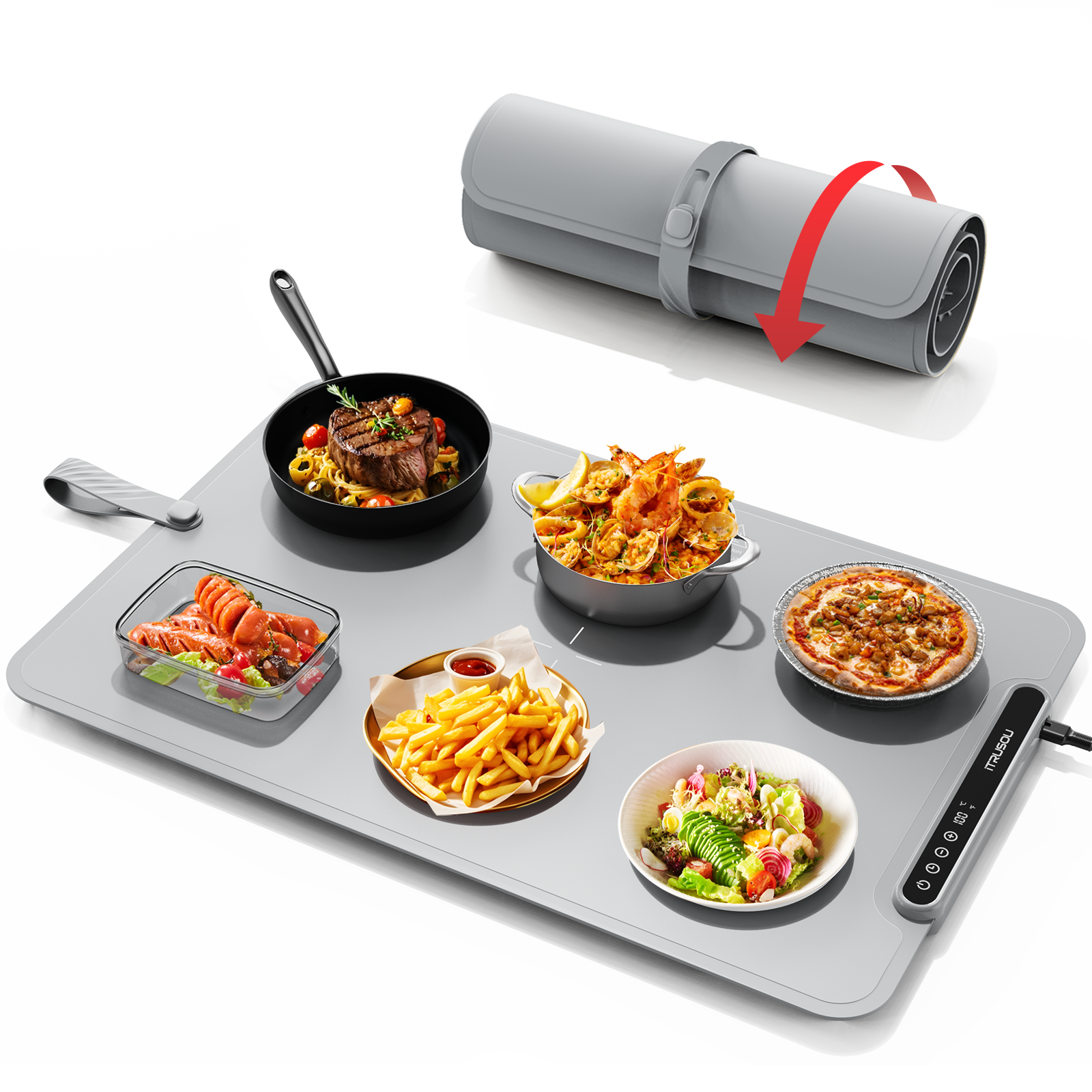 Warming Mat for Food, iTRUSOU Electric Warming Tray with 1–99H Timer, 7 Temp Settings, Patented Full-Surface Heating, °F/°C Switch, Flexible Roll-Up Food Warmers for Parties Buffet, Everyday Use
