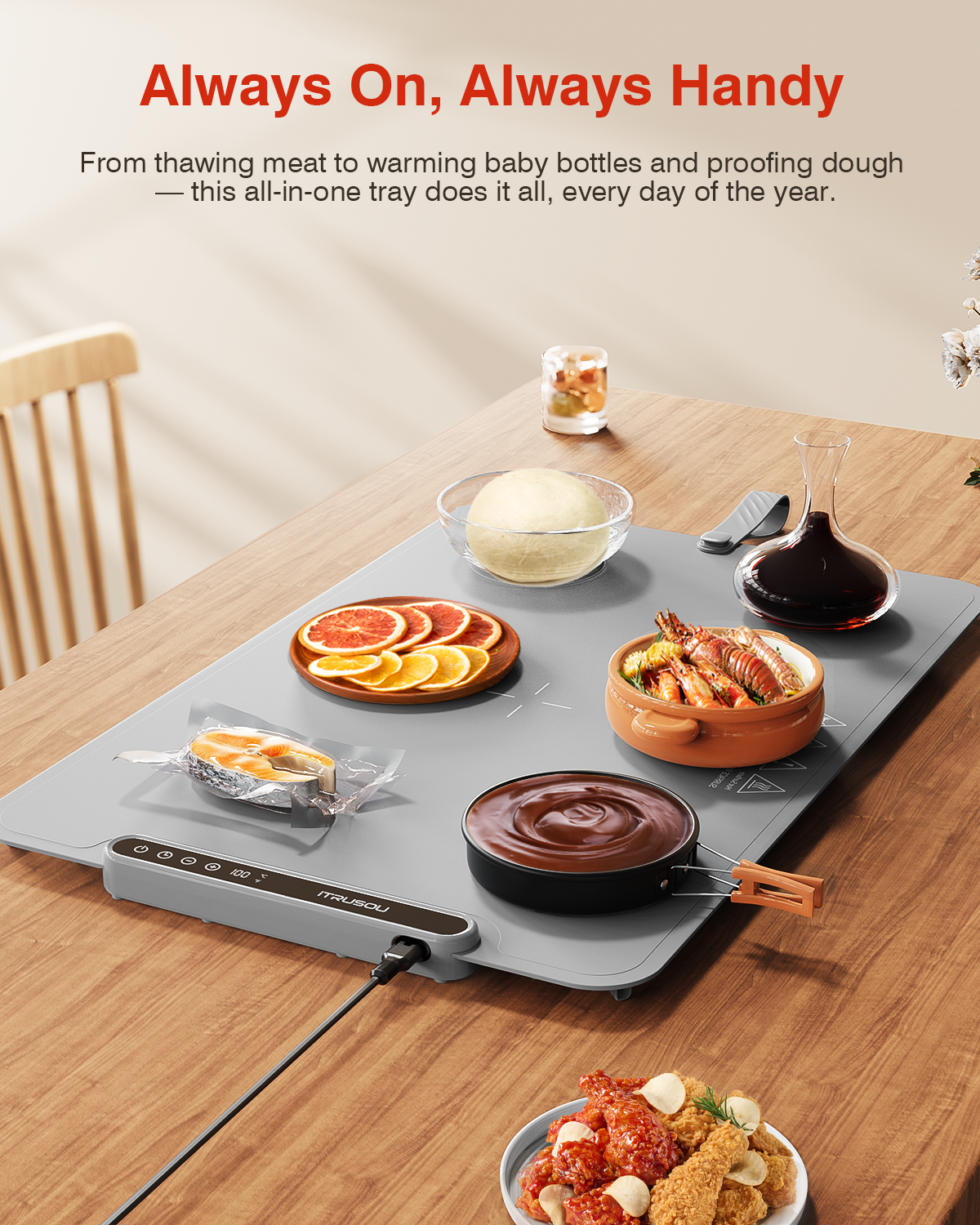 Warming Mat for Food, iTRUSOU Electric Warming Tray with 1–99H Timer, 7 Temp Settings, Patented Full-Surface Heating, °F/°C Switch, Flexible Roll-Up Food Warmers for Parties Buffet, Everyday Use