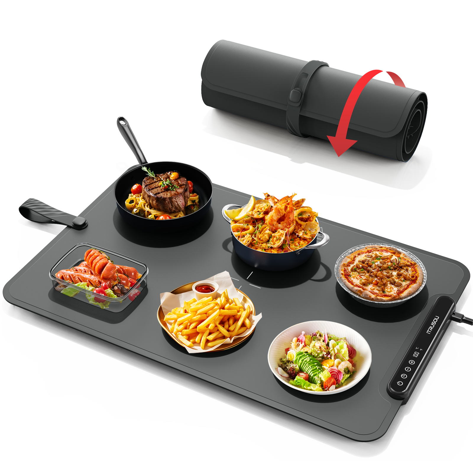 Warming Mat for Food, iTRUSOU Electric Warming Tray with 1–99H Timer, 7 Temp Settings, Patented Full-Surface Heating, °F/°C Switch, Flexible Roll-Up Food Warmers for Parties Buffet, Everyday Use