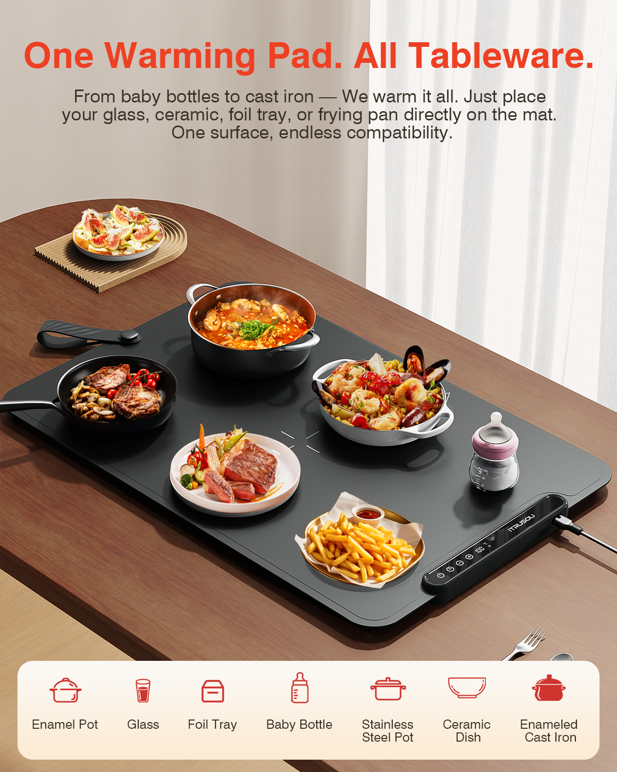 Warming Mat for Food, iTRUSOU Electric Warming Tray with 1–99H Timer, 7 Temp Settings, Patented Full-Surface Heating, °F/°C Switch, Flexible Roll-Up Food Warmers for Parties Buffet, Everyday Use