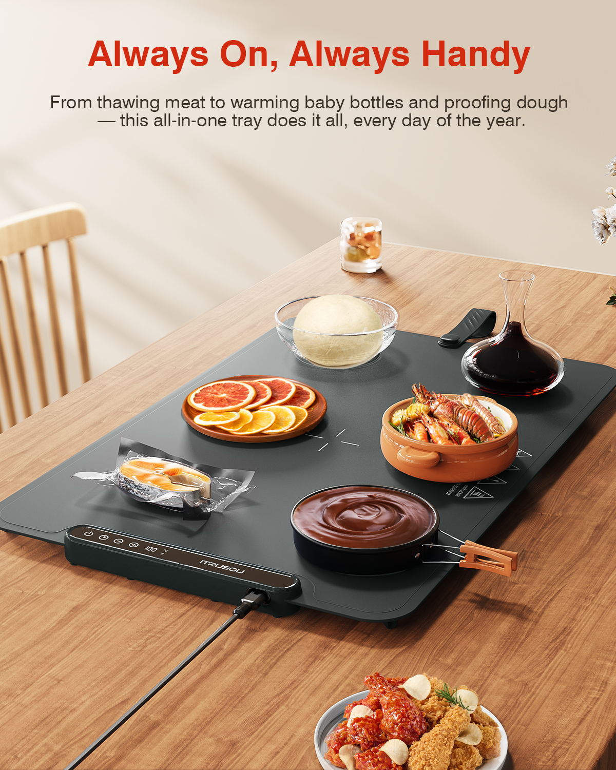 Warming Mat for Food, iTRUSOU Electric Warming Tray with 1–99H Timer, 7 Temp Settings, Patented Full-Surface Heating, °F/°C Switch, Flexible Roll-Up Food Warmers for Parties Buffet, Everyday Use