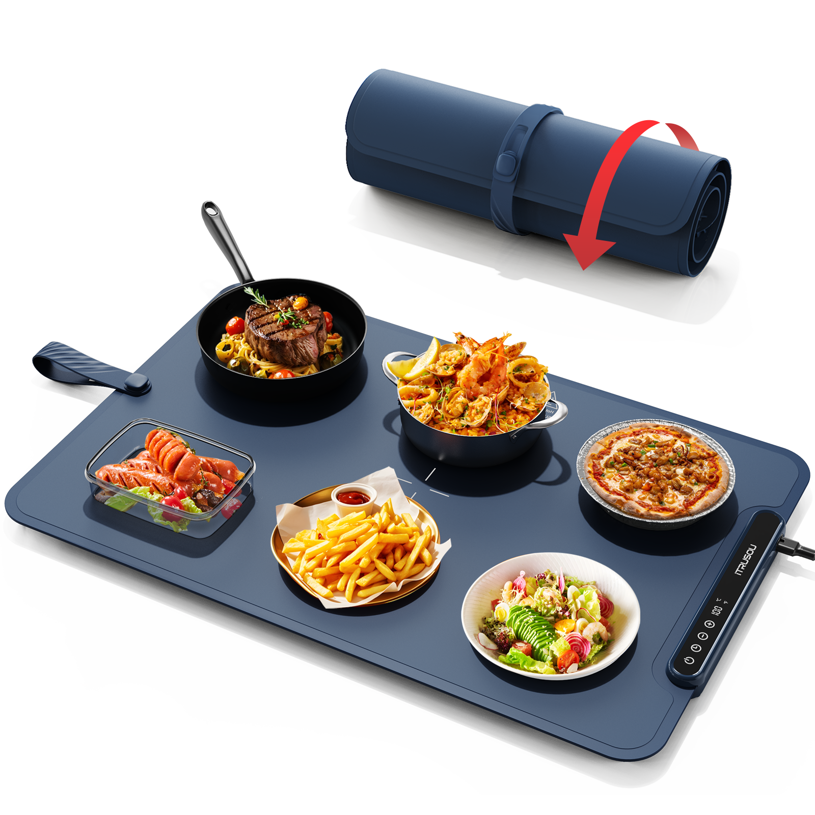 Warming Mat for Food, iTRUSOU Electric Warming Tray with 1–99H Timer, 7 Temp Settings, Patented Full-Surface Heating, °F/°C Switch, Flexible Roll-Up Food Warmers for Parties Buffet, Everyday Use