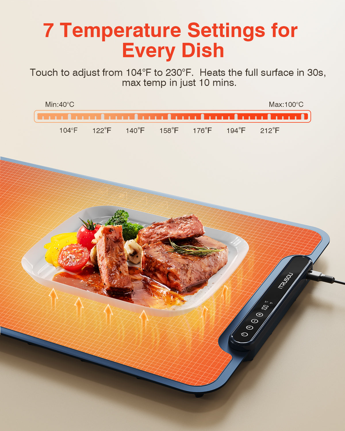 Warming Mat for Food, iTRUSOU Electric Warming Tray with 1–99H Timer, 7 Temp Settings, Patented Full-Surface Heating, °F/°C Switch, Flexible Roll-Up Food Warmers for Parties Buffet, Everyday Use