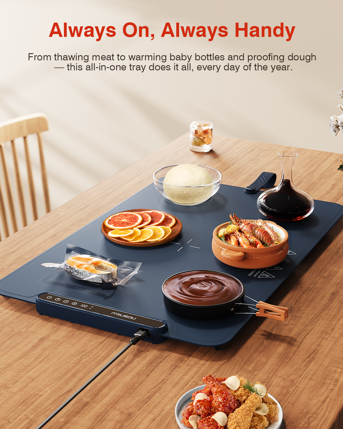 Warming Mat for Food, iTRUSOU Electric Warming Tray with 1–99H Timer, 7 Temp Settings, Patented Full-Surface Heating, °F/°C Switch, Flexible Roll-Up Food Warmers for Parties Buffet, Everyday Use