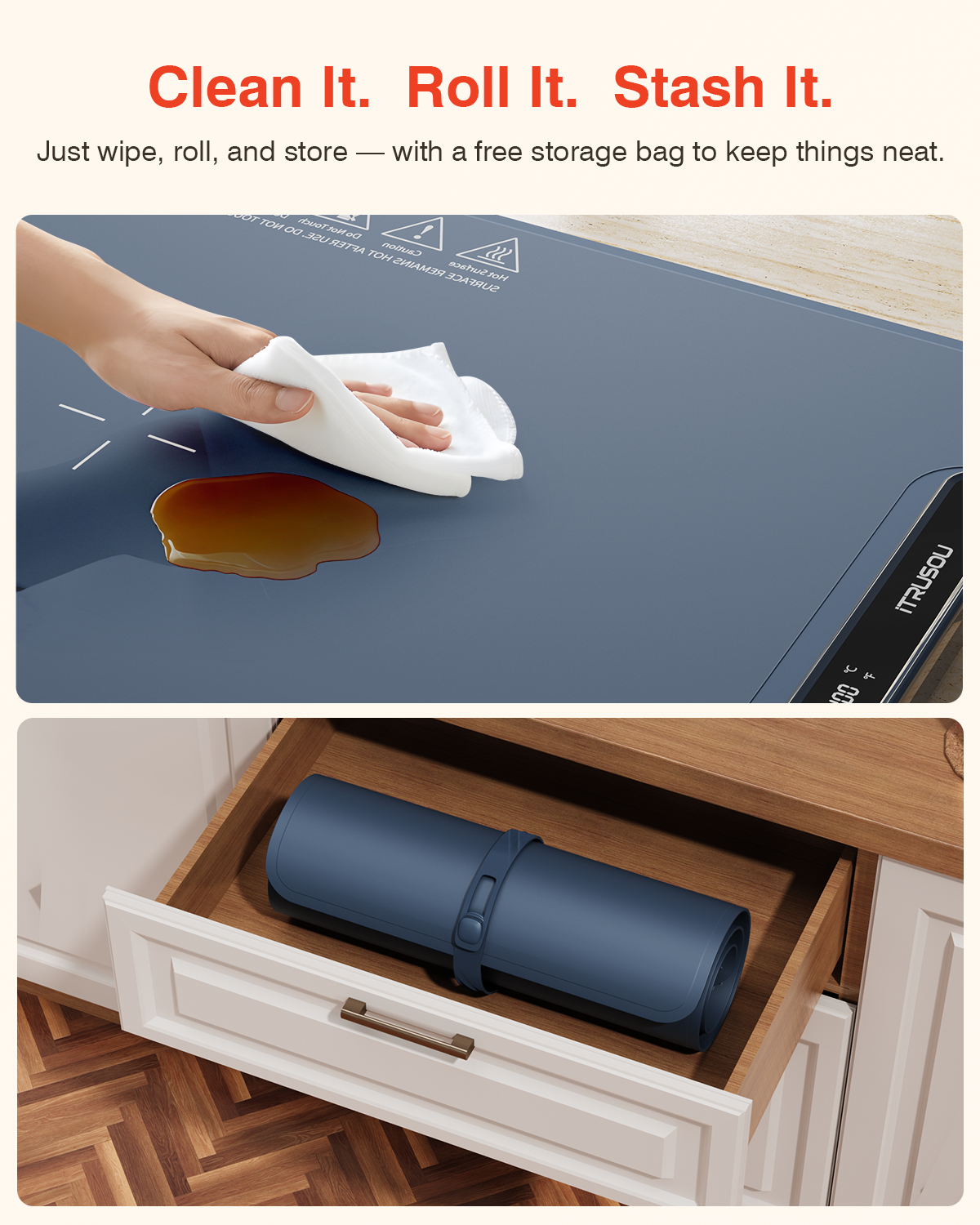 Warming Mat for Food, iTRUSOU Electric Warming Tray with 1–99H Timer, 7 Temp Settings, Patented Full-Surface Heating, °F/°C Switch, Flexible Roll-Up Food Warmers for Parties Buffet, Everyday Use