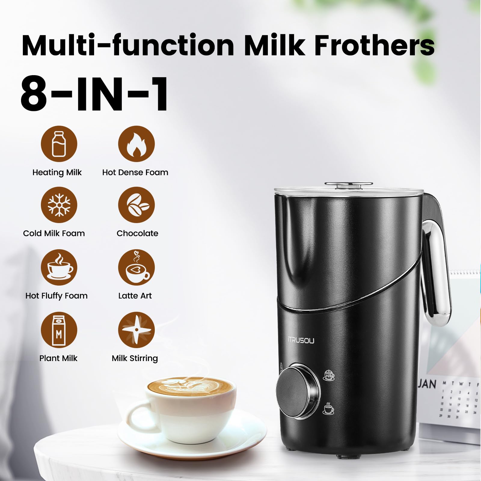 iTRUSOU  8-in-1 Electric Milk Frother (13.52oz/400ml, Black/Cyan)