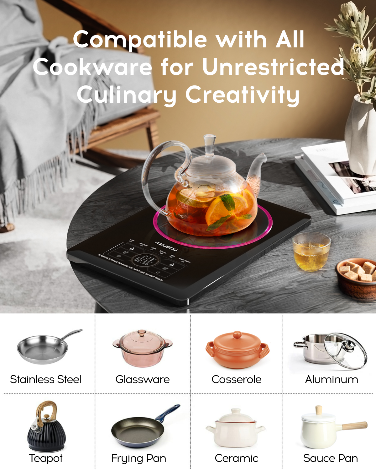 iTRUSOU Portable Induction Cooktop, Electric Stove, 0.71" Ultra-Thin& Cooktop, 1500W Electric Burner with 2 Hours Timer, Electric Hot Plate Touch Control Panel Adjustable Heating Power, Auto-Shutdown