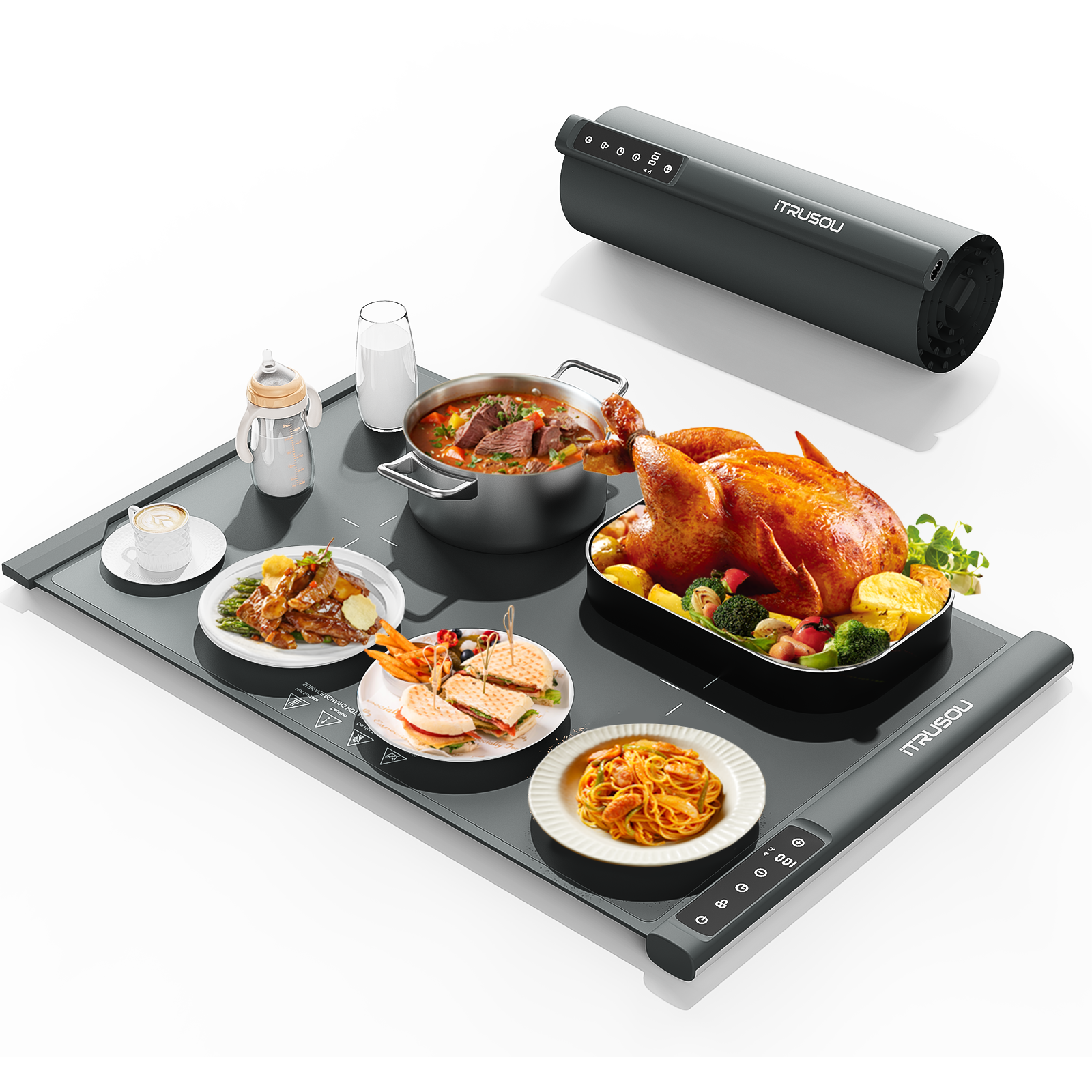 Food Warming Mat 27.5x16 – Extendable Roll-Up Electric Warming Tray with 7 Temp Settings, 99H Timer, Switchable℃/℉, Interlocking Expansion Design, Ideal for Buffet Parties Gatherings