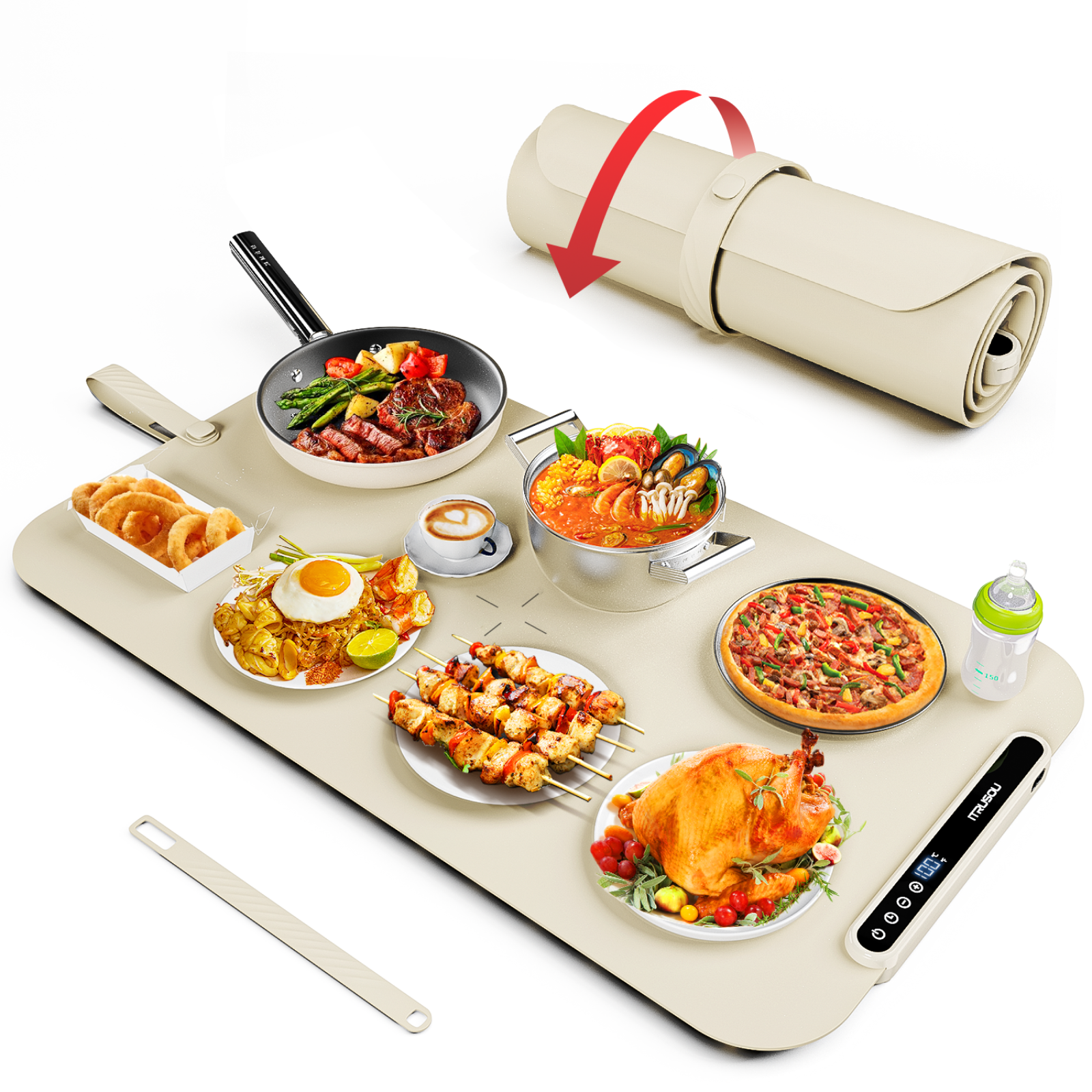 Electric Warming Tray, iTRUSOU Silicone Warming Mat for Food with 7 Temp-Settings, Switchable Celsius/Fahrenheit, 1-8Hr Auto Shut-Off, Upgrade Strap Keep Food Warm at Buffet, Party, Sabbath, Daily Use