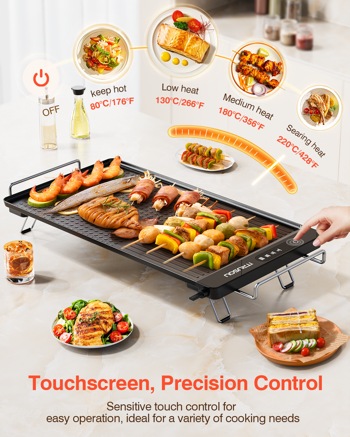 Electric Griddle with Removable Touch Panel, IPX9 Waterproof